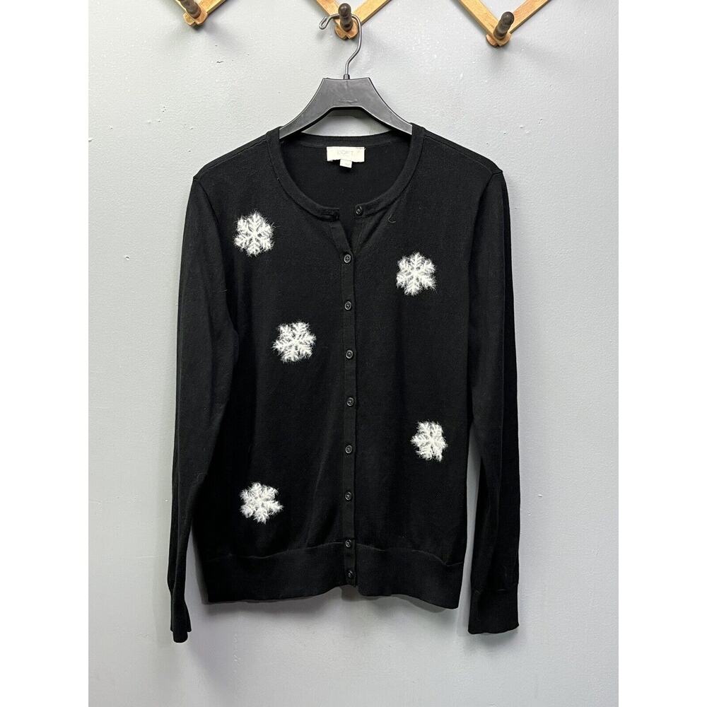 LOFT Black Cardigan with White Snowflake Embellishments